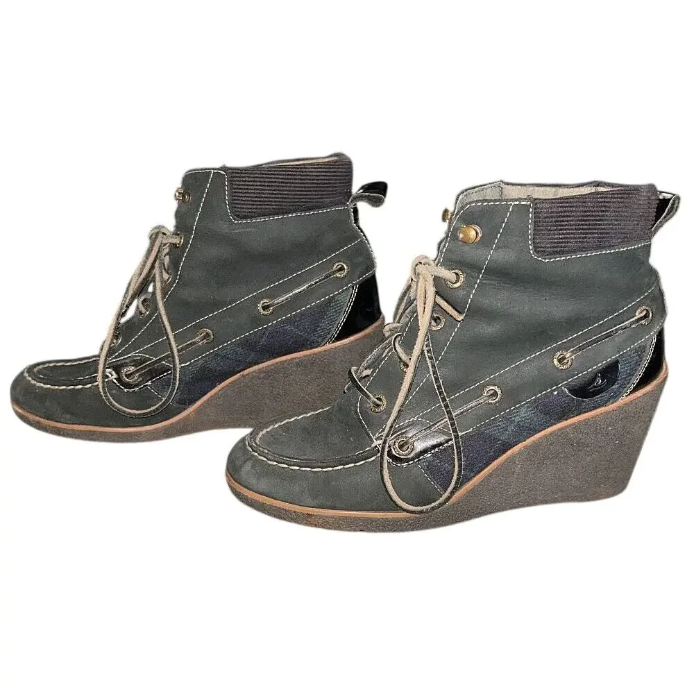 Sperry Top Sider Bailey Green Leather Wool Plaid Wedge Ankle Boots Booties 7.5